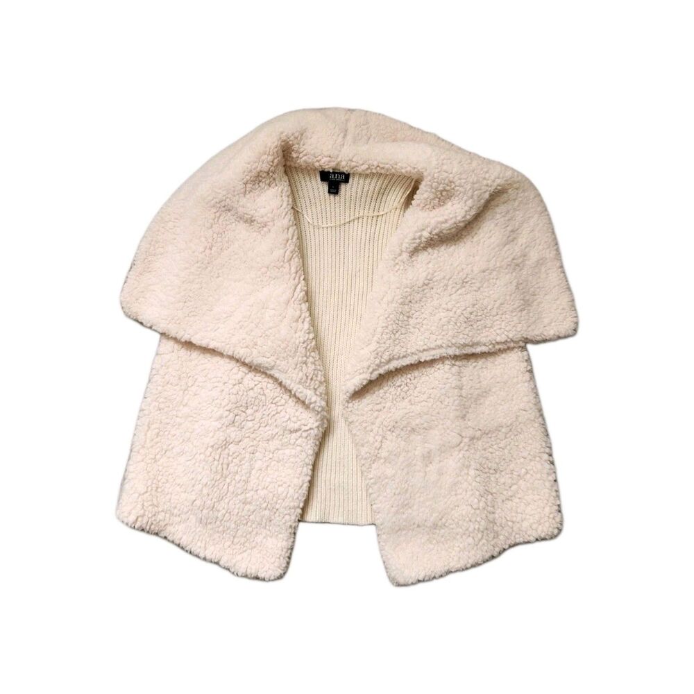 Ann Taylor Cream Sherpa Knit Open Front Collared Vest Cardigan Womens Sz L EUC